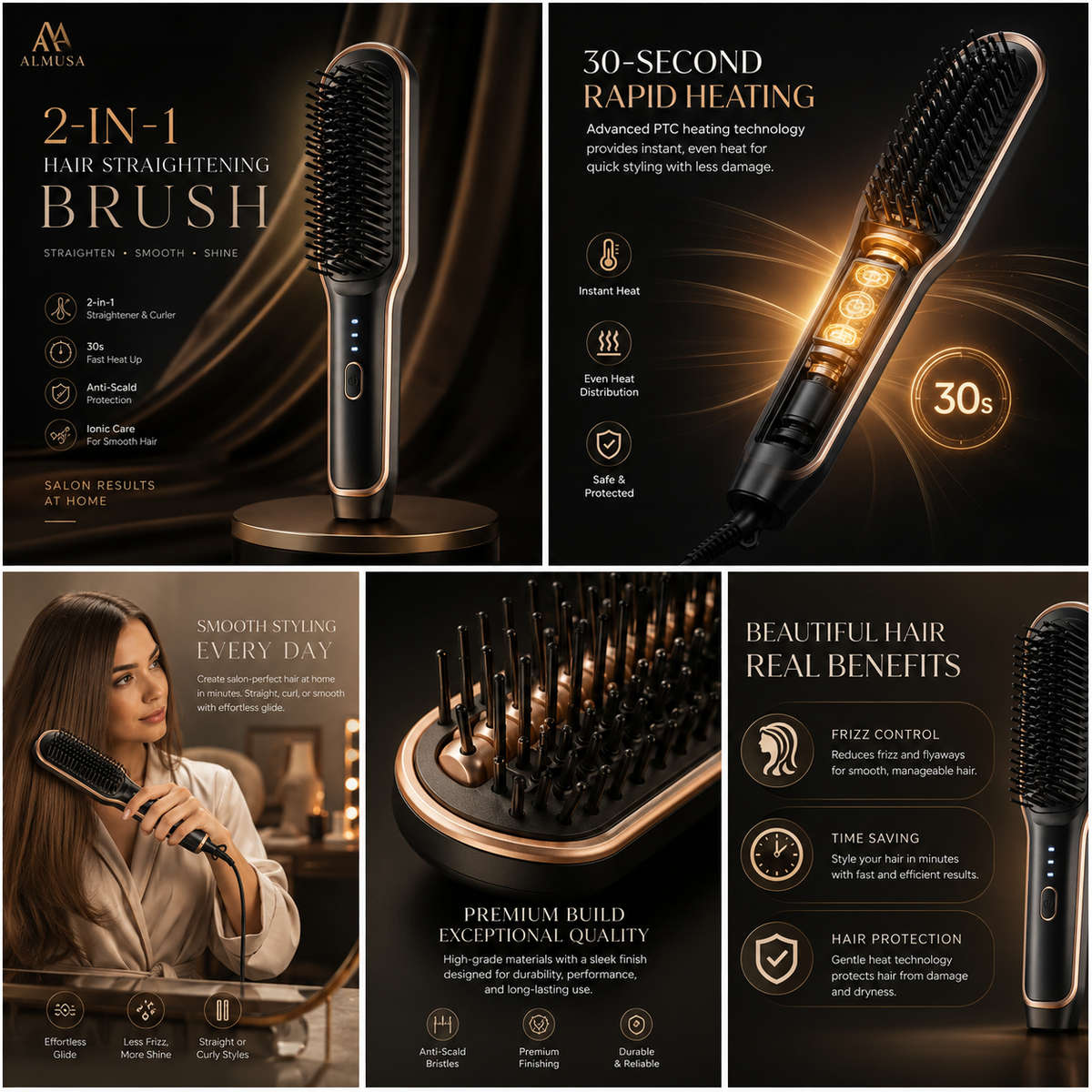 909 Hair Straightening Brush | Electric 2-in-1 Straightener & Curler | Heating Styling Comb | Quick 3-Minute Styling