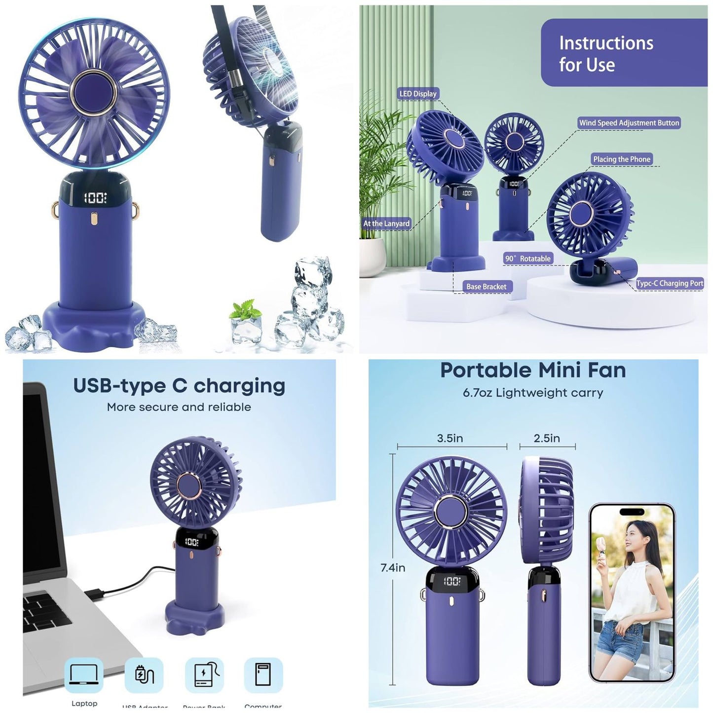 Digital Display 5-in-1 Portable Mini Fan | USB-C Rechargeable Handheld Fan (Random Color)