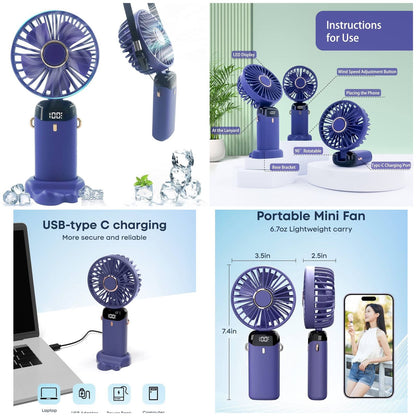 Digital Display 5-in-1 Portable Mini Fan | USB-C Rechargeable Handheld Fan (Random Color)