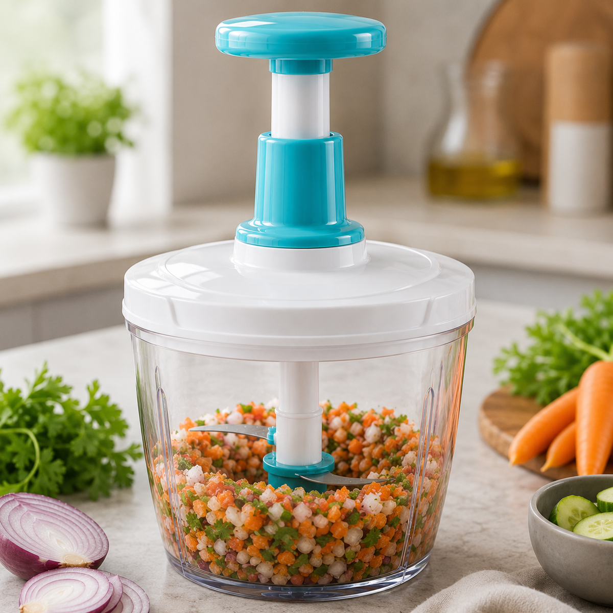 1.5L Push Chopper – Manual Hand Press Food Chopper for Kitchen | Multipurpose Vegetable & Food Cutter