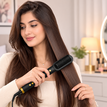 909 Hair Straightening Brush | Electric 2-in-1 Straightener & Curler | Heating Styling Comb | Quick 3-Minute Styling
