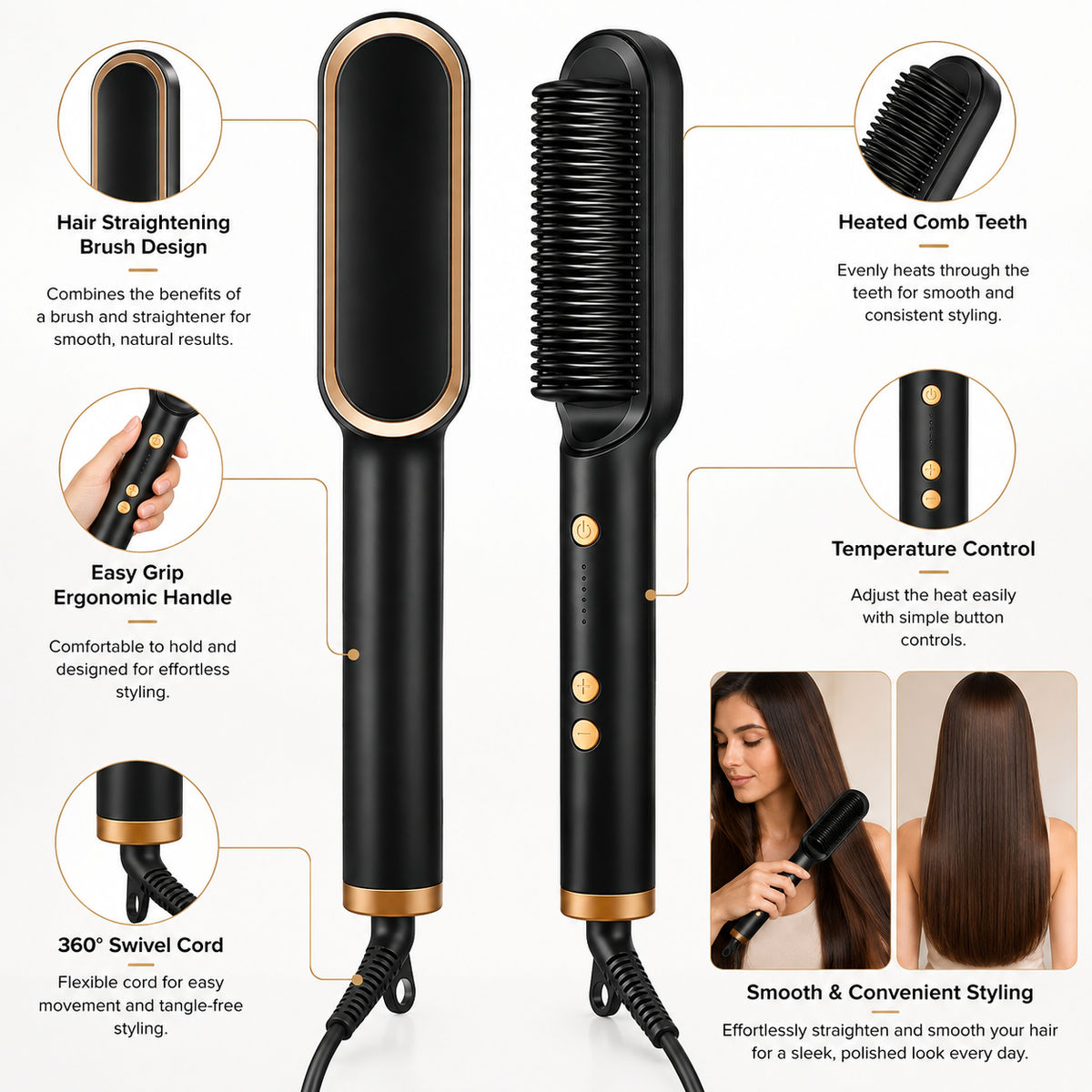 909 Hair Straightening Brush | Electric 2-in-1 Straightener & Curler | Heating Styling Comb | Quick 3-Minute Styling