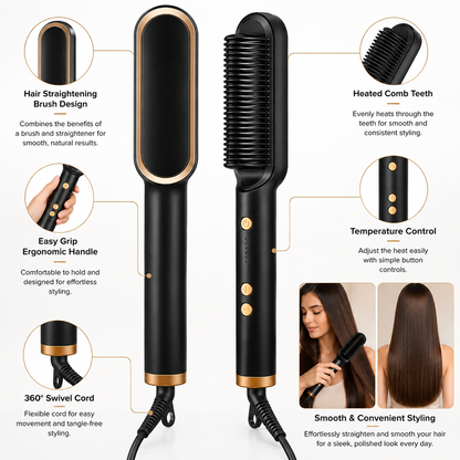 909 Hair Straightening Brush | Electric 2-in-1 Straightener & Curler | Heating Styling Comb | Quick 3-Minute Styling