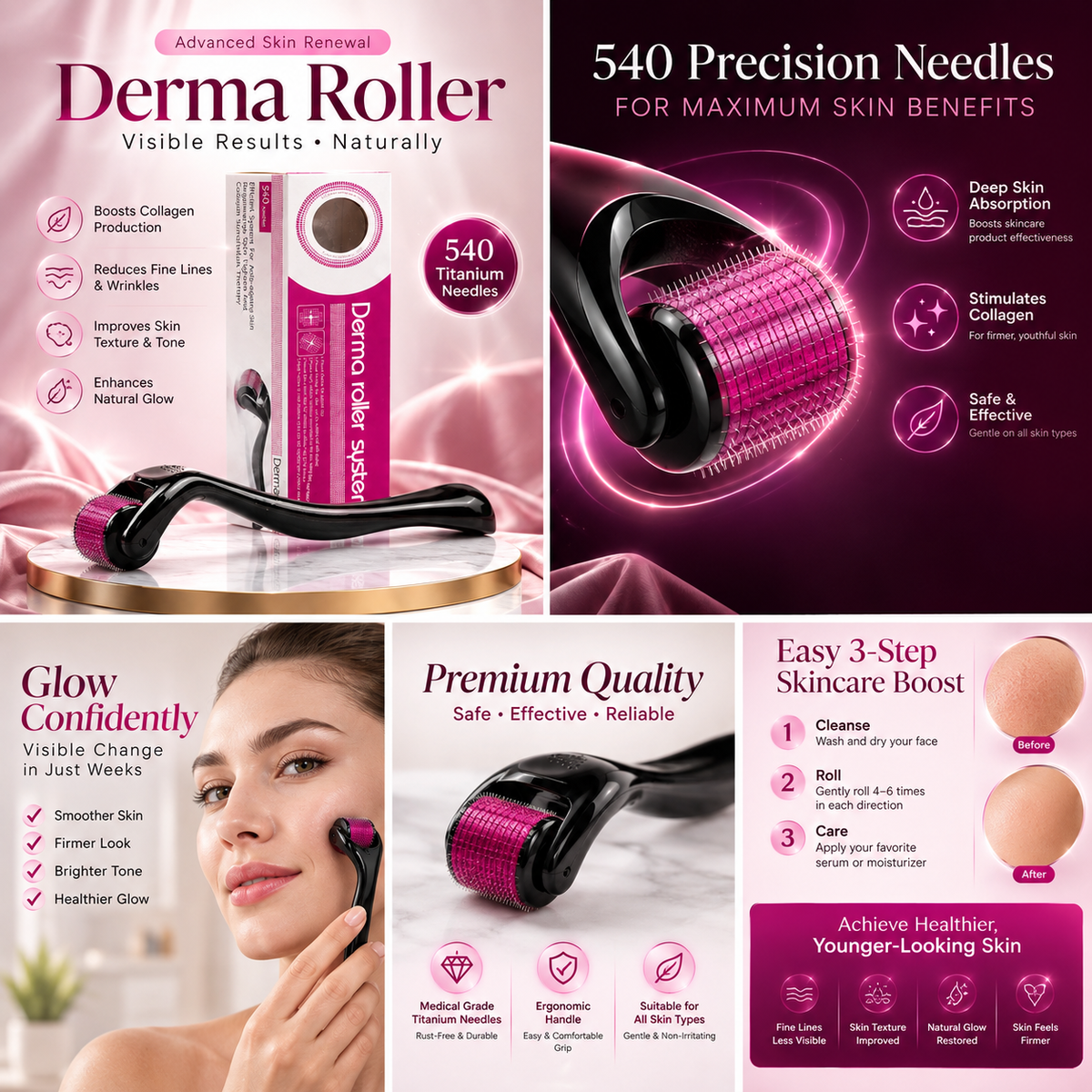 Titanium Needles Derma Roller 0.5mm – Skincare & Beauty Tool with Protective Box