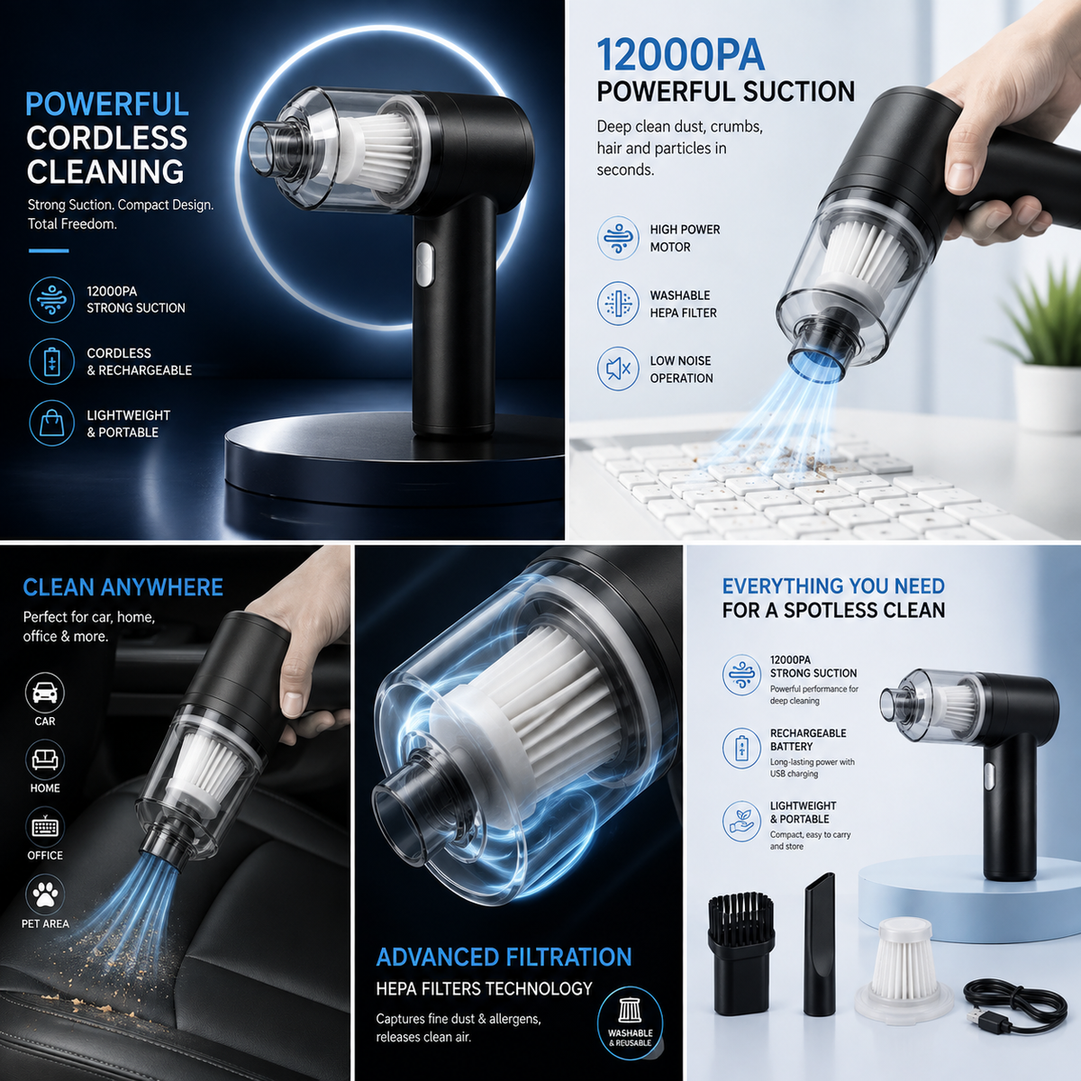 3-in-1 Portable Cordless Vacuum Cleaner – Compact Handheld Dust Cleaner