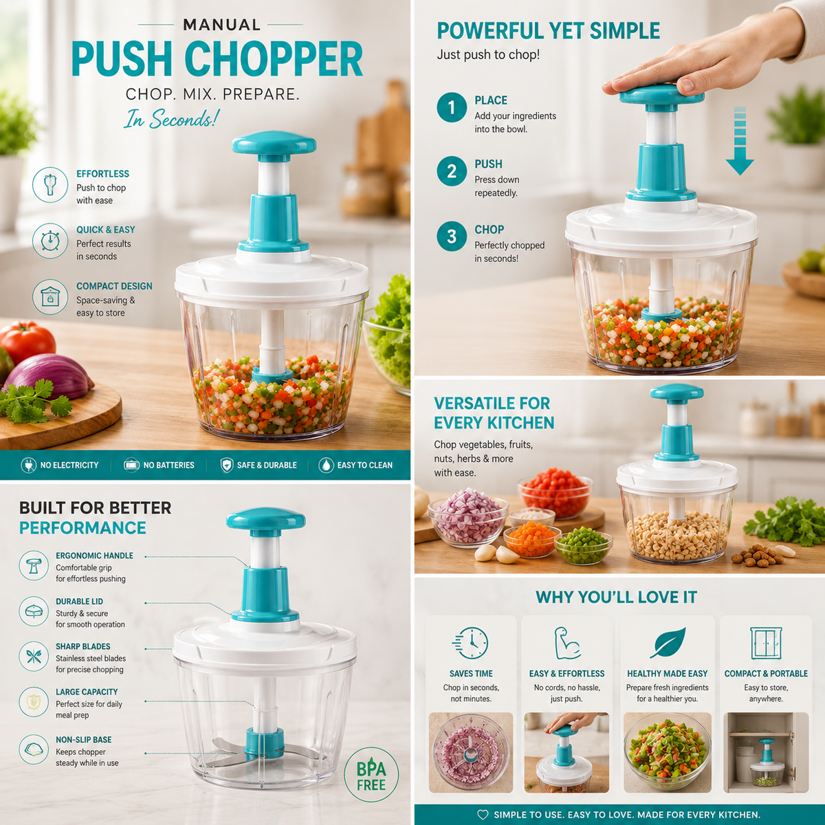 1.5L Push Chopper – Manual Hand Press Food Chopper for Kitchen | Multipurpose Vegetable & Food Cutter