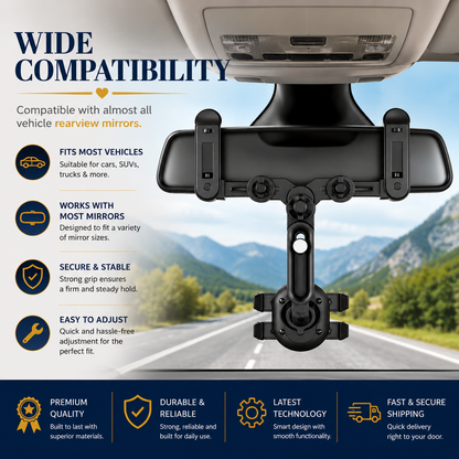 360° Dashboard Car Phone Holder – ABS Mobile Mount for Dashboard, Sun Visor & Rear View Mirror