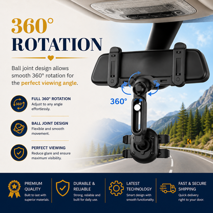 360° Dashboard Car Phone Holder – ABS Mobile Mount for Dashboard, Sun Visor & Rear View Mirror
