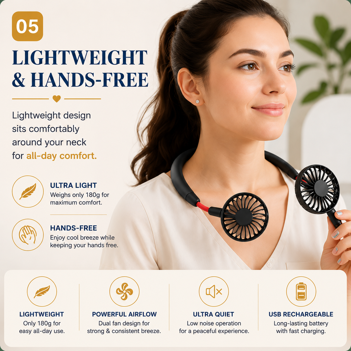 Mini USB Rechargeable Neck Fan – Portable Personal Cooling Fan with 3 Speed Modes & 7-Blade Design (Random Color)