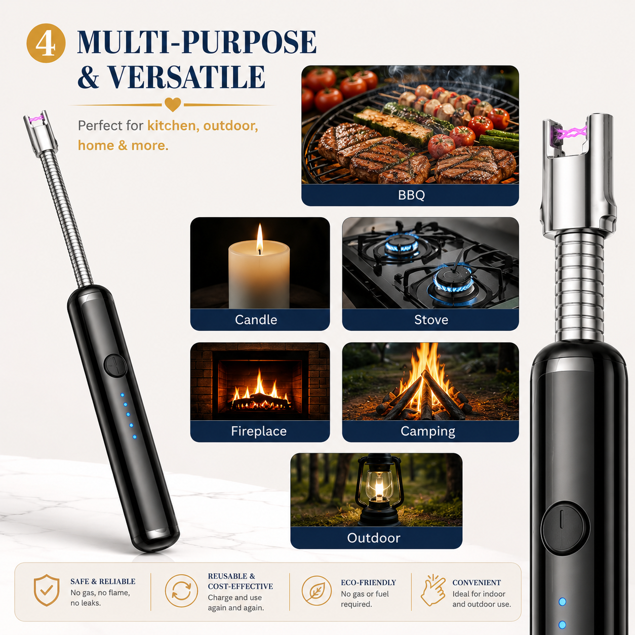 360° USB Rechargeable Electric Arc Lighter – Windproof Flexible Neck Kitchen & BBQ Lighter with Safety Lock (Random Color)