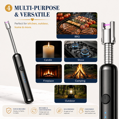 360° USB Rechargeable Electric Arc Lighter – Windproof Flexible Neck Kitchen & BBQ Lighter with Safety Lock (Random Color)