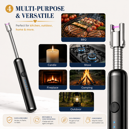 360° USB Rechargeable Electric Arc Lighter – Windproof Flexible Neck Kitchen & BBQ Lighter with Safety Lock (Random Color)