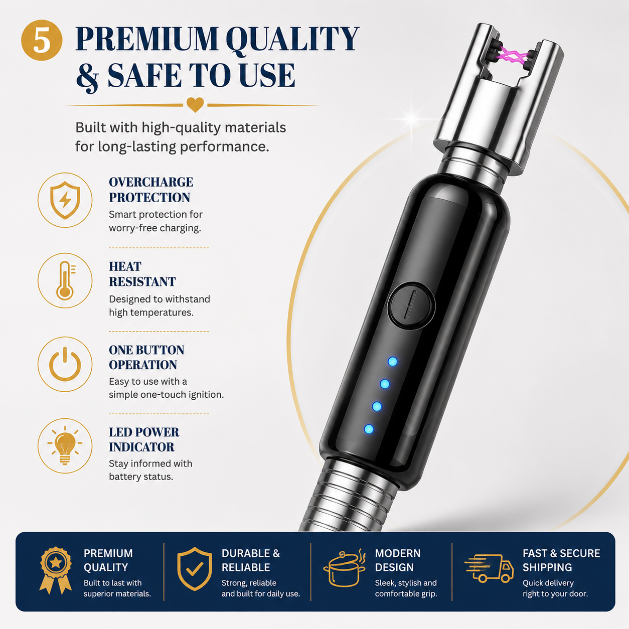 360° USB Rechargeable Electric Arc Lighter – Windproof Flexible Neck Kitchen & BBQ Lighter with Safety Lock (Random Color)