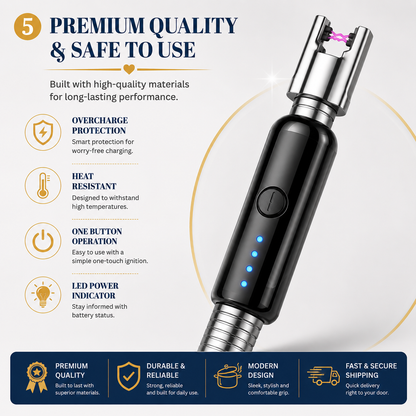 360° USB Rechargeable Electric Arc Lighter – Windproof Flexible Neck Kitchen & BBQ Lighter with Safety Lock (Random Color)